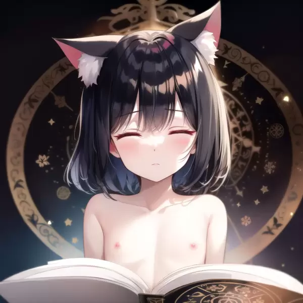 AI絵(黒髪猫耳ロリ少女召喚)