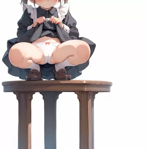 AIイラスト（テーブルの上でかがむ）